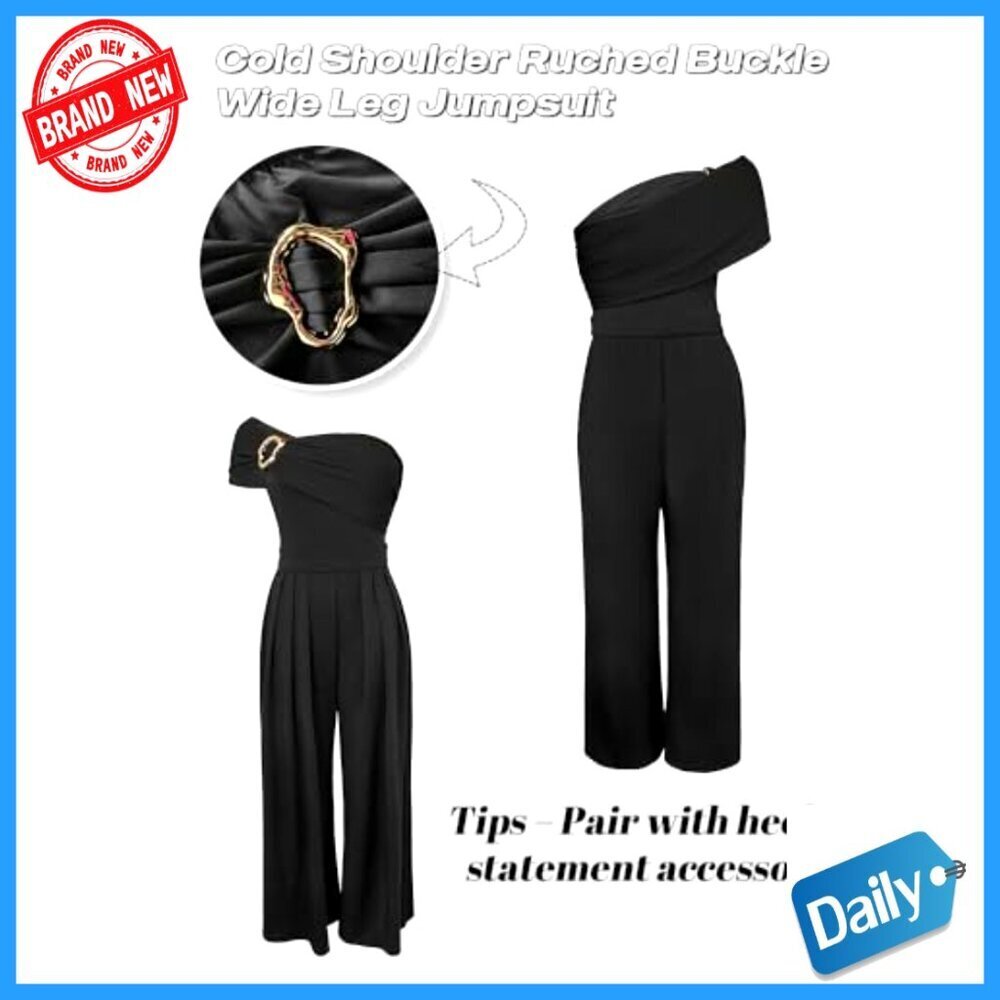 One Shoulder Jumpsuit Ruched Waist Wide Leg Elegant Party Wear Stretchy Fabric - Picture 6 of 7